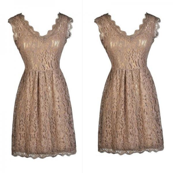 Short Brown Bridesmaid Dresses Lace Vneck Real Photos Country Summer