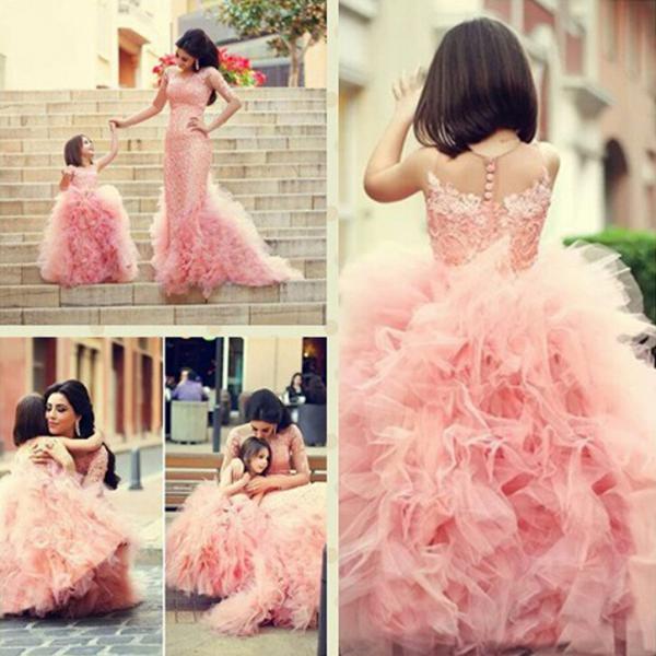 Sweetheart Lace Pink Flower Girls Dresses For Weddings Ball Gown,Tulle